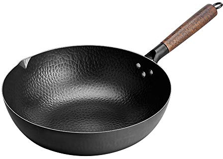 Autentico wok martellato a mano. Wok con fondo piatto da 32 cm. Pentola in ferro cinese fatta a mano, adatta per fornelli a induzione e gas naturale.