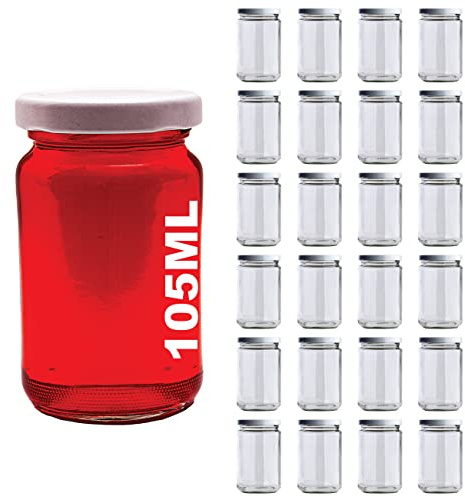 casavetro 24 barattoli da 67, 105, 210, 300, 400 ml, con coperchio di colore bianco, barattoli rotondi, barattoli per marmellata, miele, barattoli (24 x 105 ml)