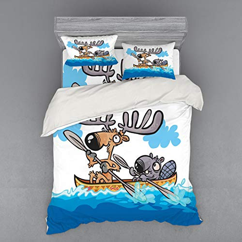Ambesonne Moose Bedding Set, American Animals Boat Beaver Friend Canoe River Fun Native Characters Cartoon, 4 Piece Duvet Cover Set with Shams and Fitted Sheet, Queen Size, Blue White Brown
