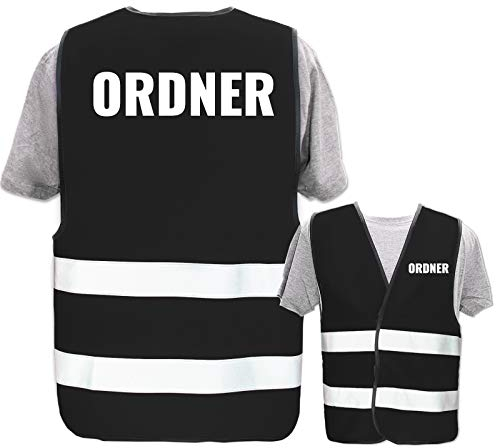 Bedruckte Warnwesten mit ISO-Leuchtstreifen * Standard- oder Reflex-Druck * Thema Sicherheit & Team, Warnweste Begriffe Security:Ordner, Farbe + Größe:Schwarz (3XL/4XL)