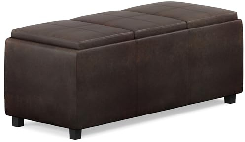 SIMPLIHOME Avalon Storage Ottoman - 42 inch Wide Upholstered Vegan Leather Rectangular Flip-Top Ottoman in Distressed Brown, Contemporary Coffee Table Ottoman for Living Room with Hidden Storage