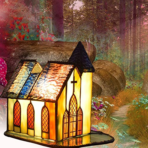 errzom Tiffany Style Stained Glass Cathedral Church Night Light,E14, Accent Lamp, Table Lamp,Antique Bedroom Bedside Nightlight Lamp,Mission Desk Lamp,110-240V,A