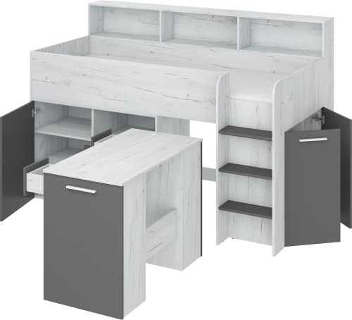 FurnitureByJDM Hochbett mit Schreibtisch, Schubladen, Regalen & Bücherregal – Platzsparendes Kinderbett 80x200 cm Matratzengröße – Rechtsseitige Treppe – NEO (Craft Weiß/Graphit)
