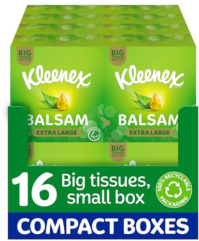 Kleenex® Balsam Extra Large Tissues in 16 Compact Boxes - Protect and Soothe Your Nose When You've Got a Cold - BalmCare with Aloe Vera, Vitamin E and Calendula, 640 Tissues (16 Boxes)