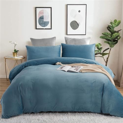Freyamy Winter Bettwäsche 200x220cm Blau Plüsch Warme Winterbettwäsche Flanell Cashmere Touch Wendebettwäsche Samt Biber Flauschige Deckenbezug und 2 Kissenbezug 80x80cm mit Reißverschluss