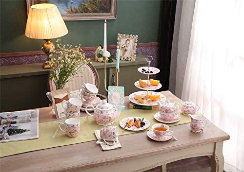 Afternoon Tea Set Tea Cups and Saucers Teapot Cream Milk Jug Sugar Bowl Afternoon Tea Cake Stands Gifts for Women Tea Set for Adult Vintage for Tea Party Mother's Day Birthday Christmas (Rose Pink)