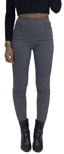 Want Clothing - Women's Biker Style Ribbed Knee Denim Look Casual Skinny Stretch FIT Jeans Pants (as8, Alpha, s, m, Regular, Regular, Charcoal Grey)
