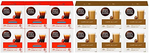 NESCAFÉ DOLCE GUSTO - Café Décaféiné Lungo Decaffeinato - 96 Capsules (Pack de 6 boîtes x 16) & Café au Lait - 96 Capsules (Pack de 6 boîtes x 16)