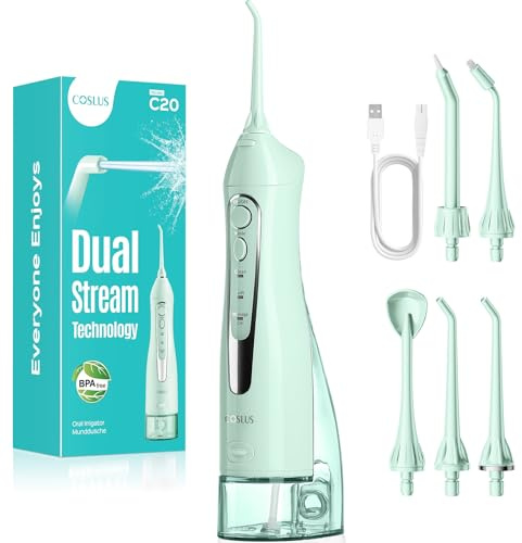 COSLUS Water Dental Flosser Teeth Pick: 2026 Upgraded Portable Cordless Waterproof Flossing 300ML Rechargeable Travel Irrigation Cleaner IPX7 Green