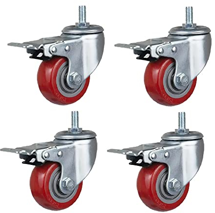 Lenkrollen, drehbar, 4 × Lenkrollen, Gewinde M12 × 30, Schwerlastrollen, Tragkraft 300–400 kg, mit Bremse, leises PU, 3 Zoll, 4 Zoll, 5 Zoll, Lenkroll