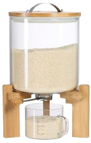 ANSQU Reisspender aus Glas, großer Getreidebehälter mit Bambusständer, Reisaufbewahrungsbehälter versiegelt, feuchtigkeitsbeständig, mit Messbecher für Küche, Speisekammer, Getreide, Kaffeebohnen,