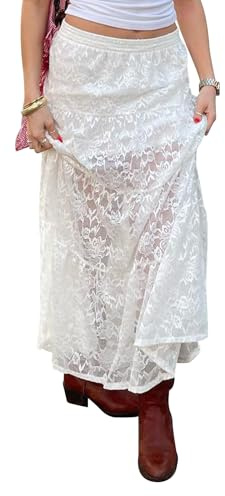 Owegvia Gonna da donna estiva bianca in pizzo maxi gonna a rete linea A lunga con fodera elegante gonna da spiaggia maxi per feste, T-white, L