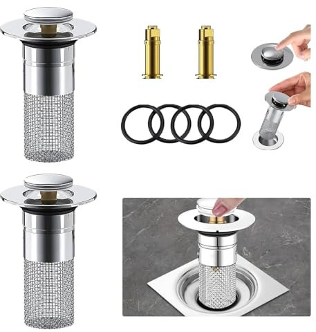 2 Pezzi Confezione da Scarico Lavabo Bagno Universale Pop up,Tappo Lavandino Bagno in Acciaio Inossidabile Con Filtro,Bagno Lavandino Bidet da cucina vasca da bagno,Per il foro di drenaggio di 34~40mm