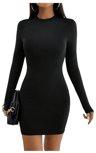 GORGLITTER Robe moulante Petite pour femme - Mini robe bodycon à manches longues - Robe d'automne basique décontractée avec col rond, Noir , M