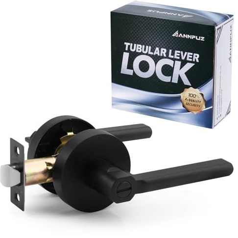 ANNFUZ Round Privacy Keyless Door Handle Lock Without Key,Interior Door Lever Set,Heavy Duty Door Knob Hardware,Reversible for Left or Right Side,Perfert for Indoor Bedroom/Bathroom(Matte Black) | Heavy Duty Zinc Interior Door Lever,Emergency Access Unlock,Reversible for Left & Right Side, for Indoor Bedroom