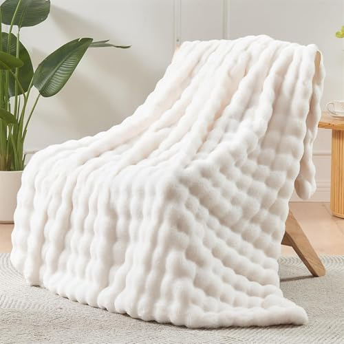 LINGKY Kuscheldecke Flauschig Decke Weiß - Super Soft Wohndecke 1000GSM Kaninchen Plüsch Decke Couchdecke Warme Überwurfdecke Sofadecke Blanket Für Bett Sofa Schlafzimmer Büro 160x200cm