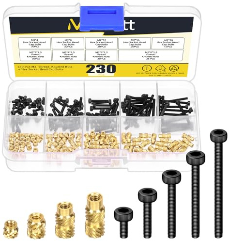 Mardatt 230 Stück M2 Messing Gewindeeinsätze mit Hex Socket Head Cap Schrauben Kit, Messing Heat Set Einsatz metrische Knurled Muttern & Maschinenschrauben für Kunststoff 3D-Druckkomponenten