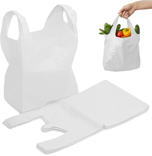 FERRIS Lot de 200 grands sacs de transport solides avec poignées, sacs en plastique multi-usages résistants de 40,5 x 45,8 x 55,8 cm, pour les courses, les étals de marché, les plats à emporter,