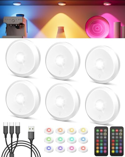 RGB Vitrinenbeleuchtung LED Kabellos mit Fernbedienung, 13 Farbig 2400mAh LED Spot Akku USB Aufladbar Unterbauleuchte Küche Flach Rund Schranklampe Magnetisch Regalbeleuchtung mit Timer für Schrank