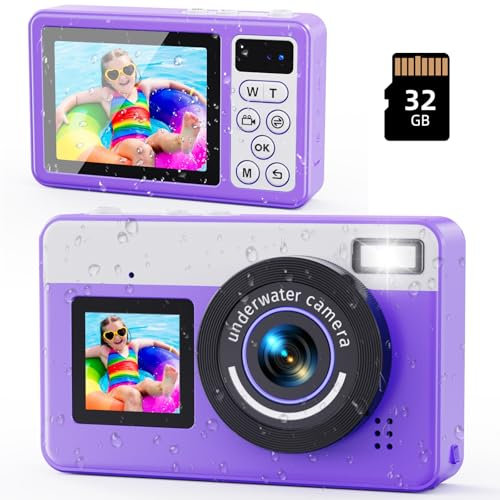 Appareil Photo Numérique, 10FT Appareil Photo Etanche Numérique, 32GB Caméra sous-Marine Zoom Digital 18x avec Double écran Caméra pour Adolescents Débutants Élèves