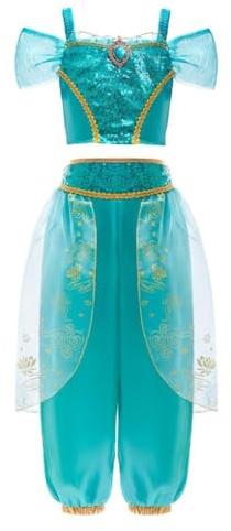 Lito Angels Costume Principessa Jasmine per Bambina Vestito Abito da Sogno Set Arabo Top Paillettes Pantaloni per Danza Travestimento Carnevale Halloween 8-9 Anni 134