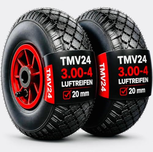 TMV24® 2x Sackkarrenrad Luftrad 3.00-4, 260x85, Nabe Ø20×75, Reifen mit Schlauch & Rad Sackkarre Bollerwagen Luftreifen Ersatzrad Sackkarren Räder Rollenlager Kugellager Winkelventil Schwarz/Rot, L
