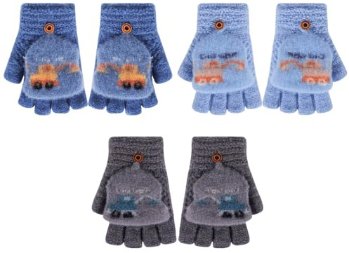 Jupsk 3 par barnhandskar vinter stickade fingerlösa magiska handskar konvertibla stretch varma grävmaskin vantar för barn pojkar 4-12 år