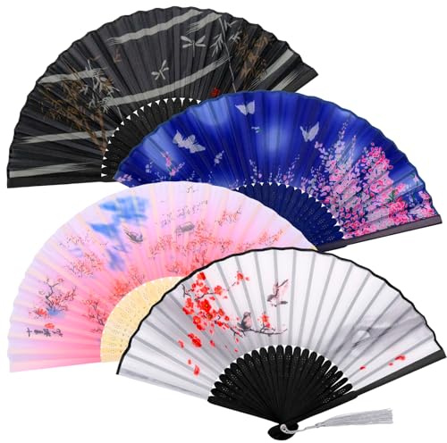 Uryxery 4 Pezzi Ventagli Pieghevoli a Mano, Tela e Bamboo, Ventaglio da Borsetta, 21×38 cm, Decorazione Matrimonio & Uso Quotidiano, Ventaglio Tascabile