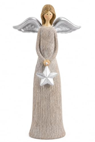 Miss Lovely Dekofigur Engel mit Stern – Weihnachtsengel aus Polyresin – 25 cm hoch – Festliche Weihnachtsdeko Figur mit silbernen Flügeln