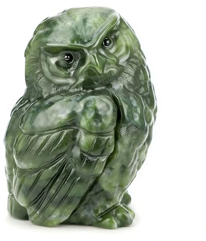 gemshan Jade Owl Home Figurine - Owl Ornament Natural Green Jade Stone Small Figurines Decor in Home Sculptures Collectibles as Gifts