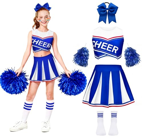 Cheerleader Kostüm Kinder, Süßes Kostüm Cheerleader Mädchen, Faschingskostüme Kinder Mädchen, Cheerleading Uniform Kleid mit Pompoms, Socken und Kopfschmuck, Cheer Costume für Karneval Halloween