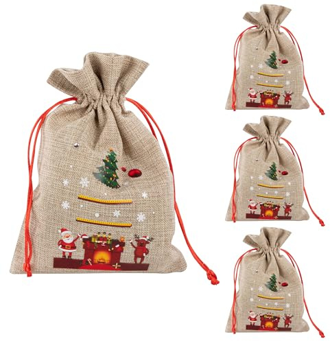 Idena 90495 - Weihnachtsgeschenkesäcke ca. 30 x 40 cm, 4 Stück, Stoffbeutel mit Weihnachtsmann-Motiv, Rentier und Aufschrift Frohe Weihnachten, Weihnachtssack mit roter Kordel