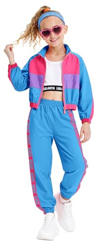 LOLANTA 3 pezzi vestiti hip hop per ragazze, tuta colorblock retrò anni '80, canotta corta, giacca con cerniera, pantaloni jogger, azzurro cielo, 12-13 anni, 170