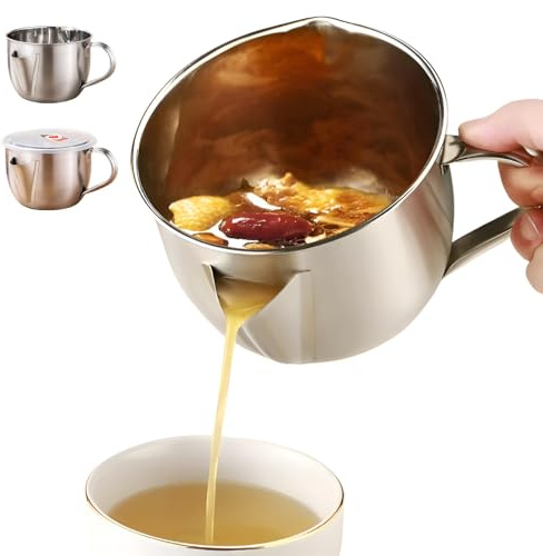 Fat Separator with Dual Spout Design - 304 Stainless Steel Gravy Separator & Grease Strainer Cup, 1000ml Professional Fat Separator Jug for Broth, Soup & Stew, Ergonomic Heat-Resistant Handle (1PCS)