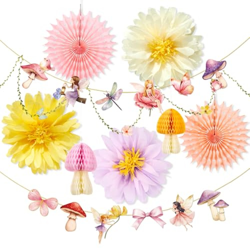Sunbeauty Fairy Garden Party Decorations, Pastel Birthday Decor, Large Paper Pom Pom Flowers, Enchanted Fairy Birthday Garland 3D Honeycomb Mushroom Hanging Decor for Girls Birthday Baby Shower