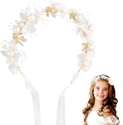 Haarschmuck Kommunion Haarschmuck für Mädchen Damen, Prinzessin Blumenkranz Haare, Weiß Perle Haarreifen Blumenmädchen Kopfschmuck, Blumen Haarkranz Kommunion für Erstkommunion, Hochzeit (A)