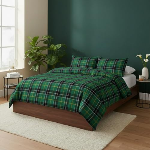 Pro Home Tartan Check Flannelette Duvet Cover Set – Warm & Cozy 100% Brushed Cotton Reversible Bedding Quilt Covers with Pillowcases (Green, Single)