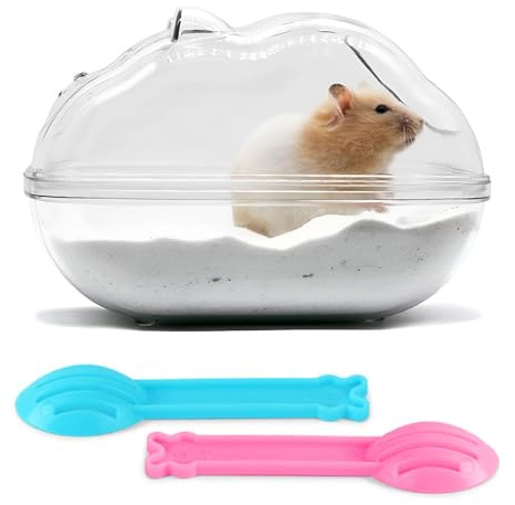 BOODPET Bañera para hámster con 2 cucharillas, bañera transparente para la arena, caseta de baño desmontable y antipolvo para roedores, limpieza diaria y diversión de hámster