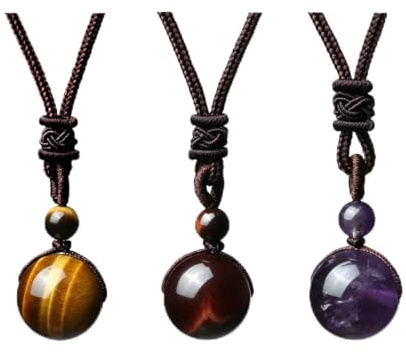 Jovivi 3pcs Healing Crystals Necklace Natural Tiger Eye Amethyst Lucky Blessing Protection Chakra Beads Stone Pendant for Women Men Adjustable