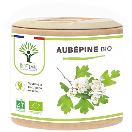 Aubépine bio - Bioptimal - Complément alimentaire - Sommeil Anti-Stress Anxiété - 100% Sommité Fleurie en Poudre Pure - 300mg par Gélule - Fabriqué en France - Certifié par Ecocert - 60 gélules