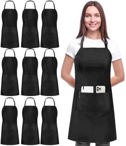 Utopia Kitchen 10 Pack Bib Apron, Unisex Adjustable Aprons with 2 Pockets, Waterdrop Resistant Cooking Kitchen Chef Apron for Men Women