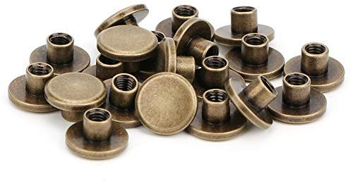 Rivetti a Vite in Ottone 50 Pezzi Testa Piatta Filettata M5 per Artigianato Pelle, Borchie Filettate Bronzo per Cintura Borsa Portafoglio Collare Cane, Kit 50 Set con Dado e Rondella Integrata