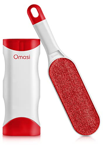 Omasi Fusselbürste Tierhaare, Haustier Bürsten, Haustier Pelz und Fussel entfernen, Fusselentferner mit selbstreinigender doppelseitiger Basisbürste, perfekt fur Mobel,Teppich (Rot)