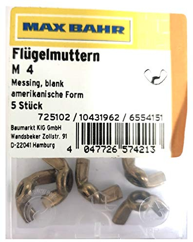 Flügelmuttern M4 - Messing, blank amerikanische Form 5 Stück