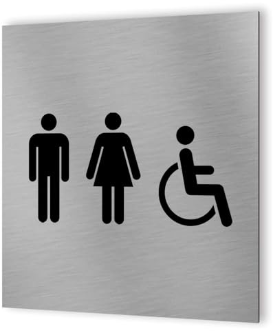 DECOHO - Pictogramme WC format 20 cm x 20 cm en Dibond Aluminium brossé - Modèle toilettes TRIO - Argent