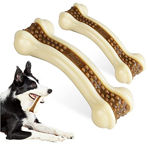 BETTEPROD Dog Chew Toys for Aggressive Chewers Large Breed,2 Pack Beef Flavor Indestructible Dog Teething Chew Toys Bones for Large/Medium/Small Puppies,Pet Toy with Nylon