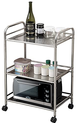 LEMROE Edelstahl Servierwagen mit Rädern, Küchenwagen mit 3 Regal,Abschließbar Räder, schwenkbarer 360 °,Aufbewahrungswagen, Allzweckwagen Roll Regal für Küche