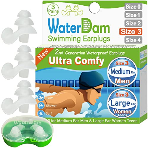 WaterDam Tappi per le orecchie da nuoto, impermeabili, ultra comodi, per prevenire l'orecchio del nuotatore Taglia 3+3+3: Uomini dell'orecchio medio e donne dell'orecchio grande (trasparente)