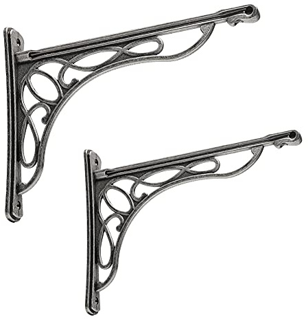 Europäische Regalhalterungen, Gusseisen, Metall, 24,1 x 19,1 cm, Weinrebenwand, 2 Stück (Silber alt)