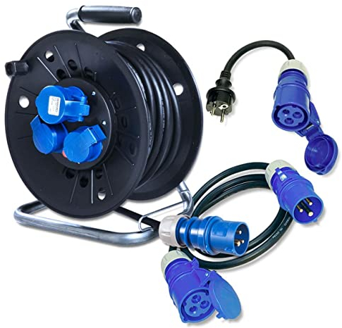IntuiFlex Camping Kabeltrommel Set - CEE Kabel 25m + 1,5m Anschlusskabel + CEE Adapter - Campingkabel H07RN-F 3G 2,5mm² für Wohnwagen Wohnmobil Zubehör IP44 Outdoor
